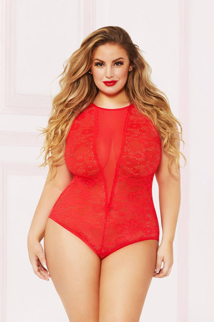 STM10863X Allover Lace And Mesh Teddy With Snap Crotch