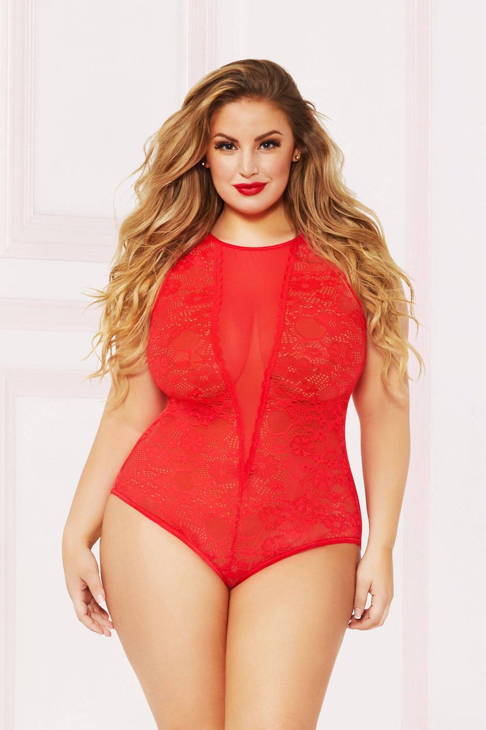 STM10863X Allover Lace And Mesh Teddy With Snap Crotch