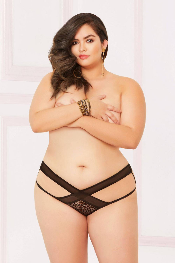 STM10901X Black Lace And Mesh Open Crotch Panty With Criss-Cross Detail
