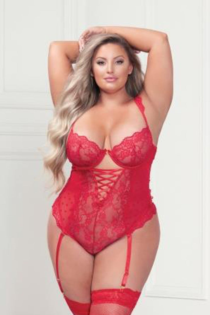 STM11349X Lace And Heart Mesh Teddy With Lace-Up Back And Removable Garters
