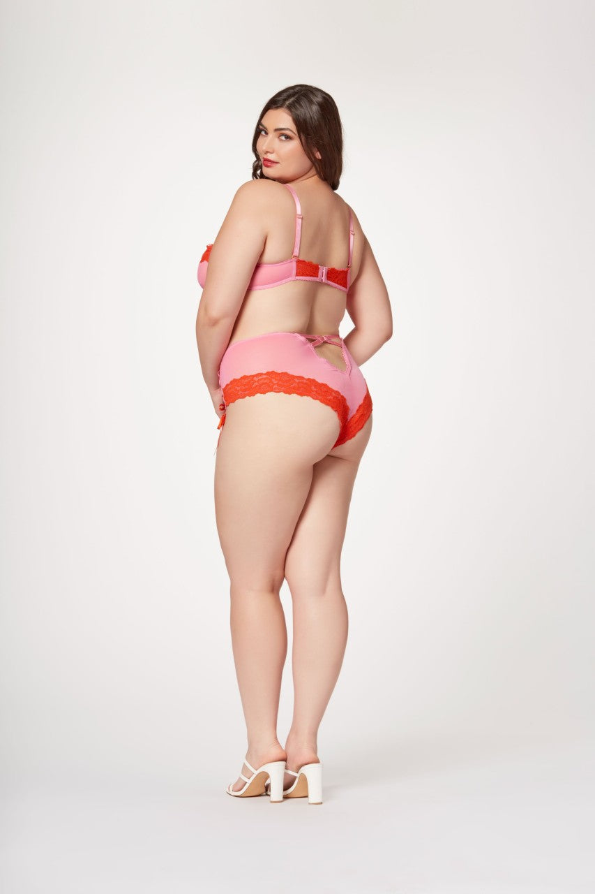 STM11518X Pink/Red Lace and mesh lace up bra and boyshort set