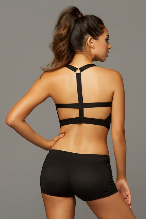 STM30133 Space Dye Black Space Dye Microfiber And Elastic Sports Bra With Bondage Detail, Netting Inserts, T-Back, And Metal Ring
