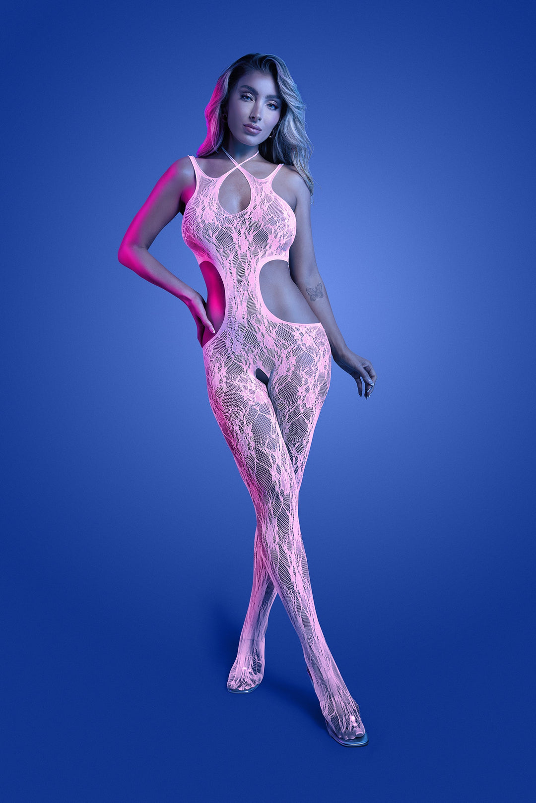 FL-GL2549 White EQUILIBRIUM Glow-in-the-dark lace knit crotchless bodystocking; glows pink