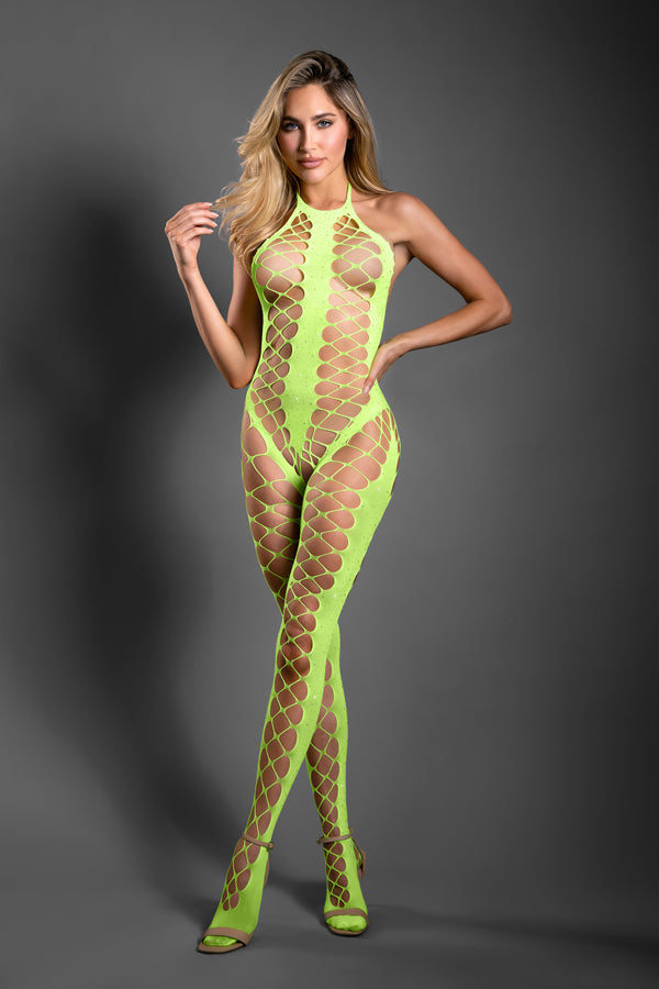FL-SF1005 Neon Green UNSTOPPABLE Crotchless rhinestone knit halter bodystocking